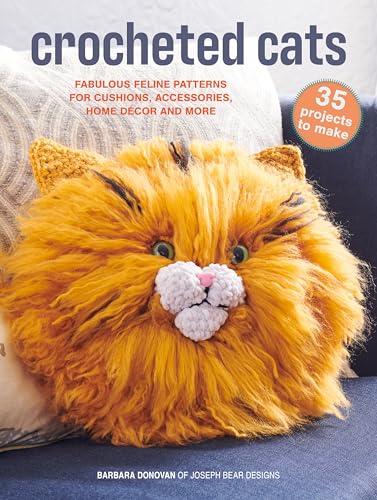 Book cover featuring a fluffy, orange crocheted cat face cushion.