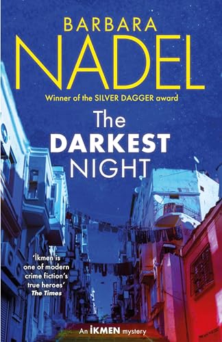 Book cover: “The Darkest Night” with a blue and white townscape.