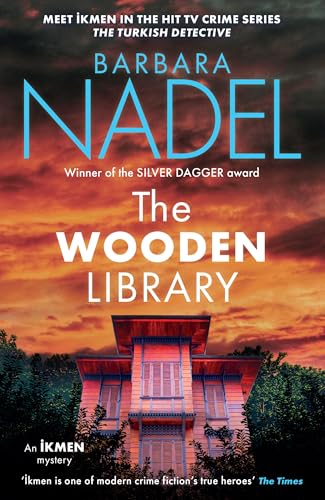 Book cover for "The Wooden Library" with a house silhouetted against a fiery sky.