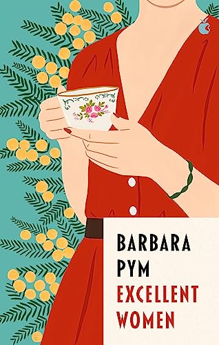 Book cover: woman in red dress holding a floral teacup.
