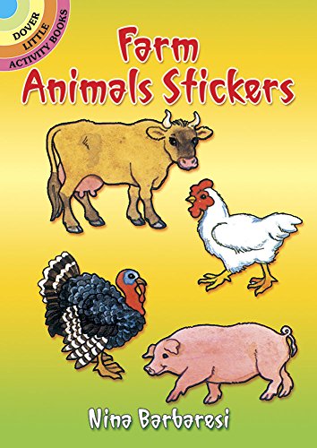 Cover of "Farm Animals Stickers" book featuring a cow, chicken, turkey, and pig.