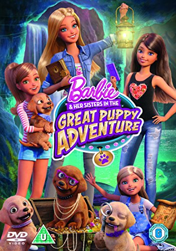 Barbie and sisters with puppies, adventure scene, DVD cover art.