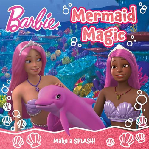 Barbie as mermaids with a pink dolphin in a colorful underwater scene.