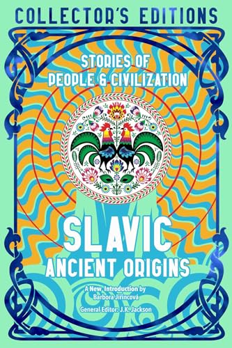 Book cover with a central rooster illustration, wavy orange background, and decorative blue border.