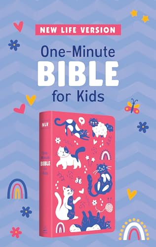 Pink children’s Bible with cat illustrations and floral, rainbow details.