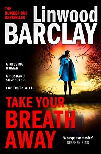 Book cover: woman in blue coat stands by a dark, still lake.