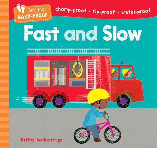 Book cover with red fire truck and child on a pink bicycle.