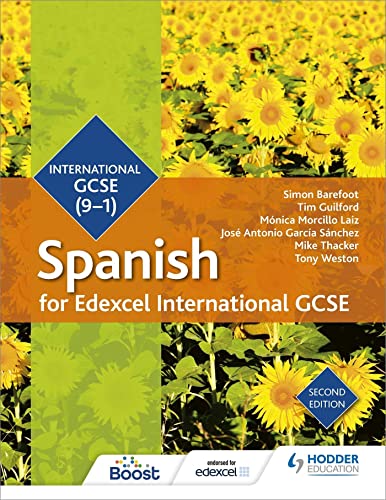 Spanish textbook cover with sunflowers, titled “Edexcel International GCSE (9-1)”.