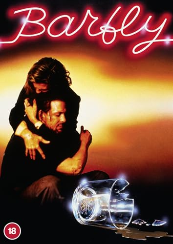 Barfly" DVD cover: man with woman, broken glass, red neon title.