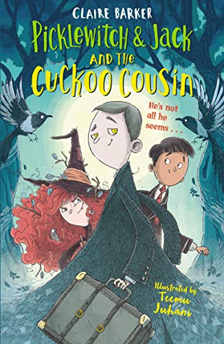 Book cover featuring three children, a witch’s hat, and magpies in a forest.