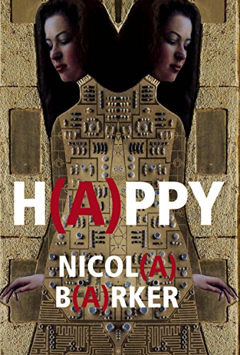 Book cover with mirrored portrait of a woman and bold text: H(A)PPY.