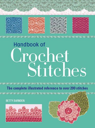 Book cover for Handbook of Crochet Stitches with samples and a crocheted flower.