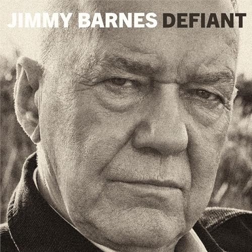 Black and white portrait of Jimmy Barnes, album cover for "Defiant.