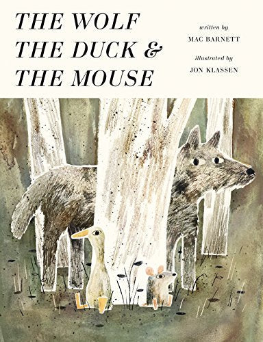 Colourful children's book cover featuring illustrations of a wolf, duck, and mouse together.