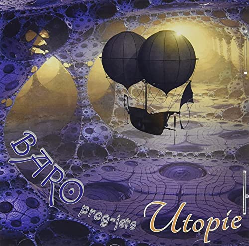 A double-balloon airship floats above a purple, fractal-patterned landscape under a bright sky.