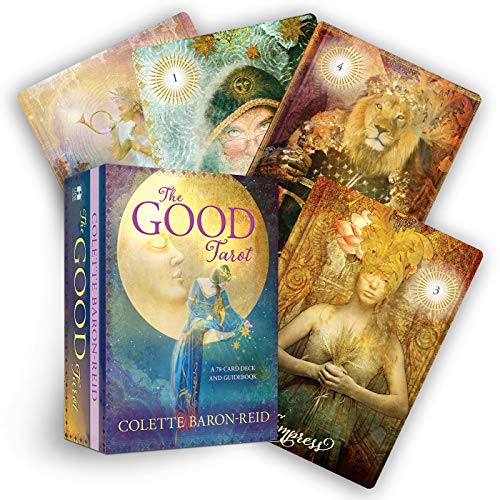 The Good Tarot box set surrounded by four illustrated tarot cards with mystical imagery.