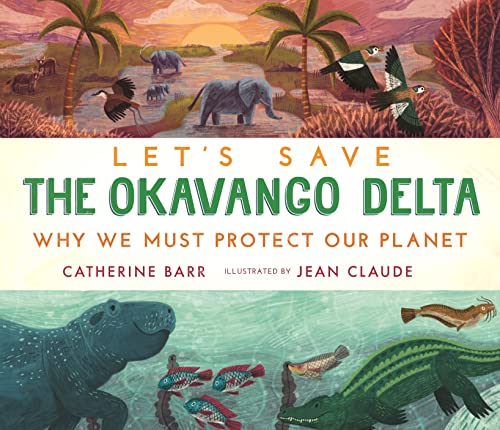 Book cover depicting Okavango Delta wildlife: elephants, birds, hippos, and fish.