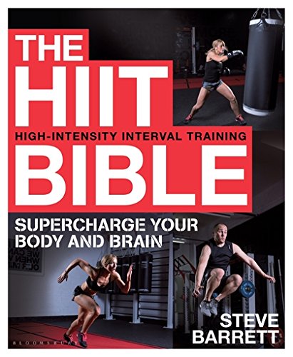 Book cover featuring people exercising, titled “The HIIT Bible.”