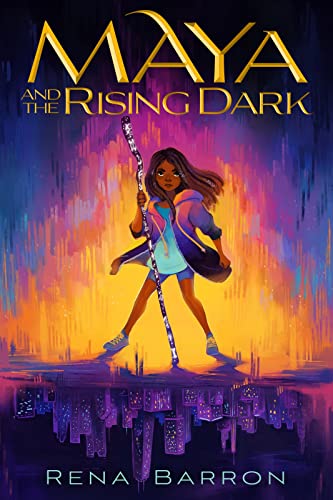 Book cover: young girl with staff against a colorful, abstract background.