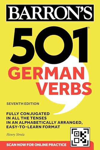 The cover of Barron's 501 German Verbs Seventh Edition book on a yellow background.