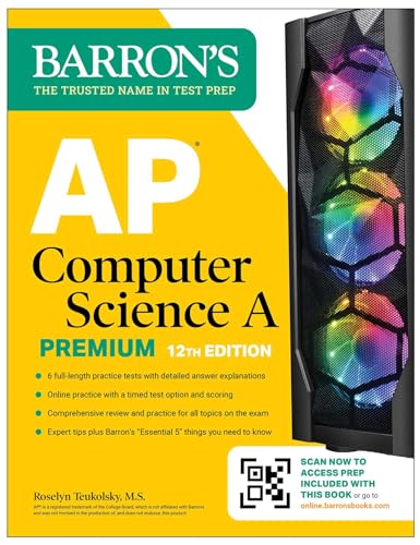 AP Computer Science A Premium study guide, 12th edition, with colorful computer image.