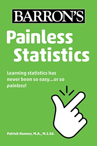 Green book cover with white text: "Painless Statistics" and a hand icon.