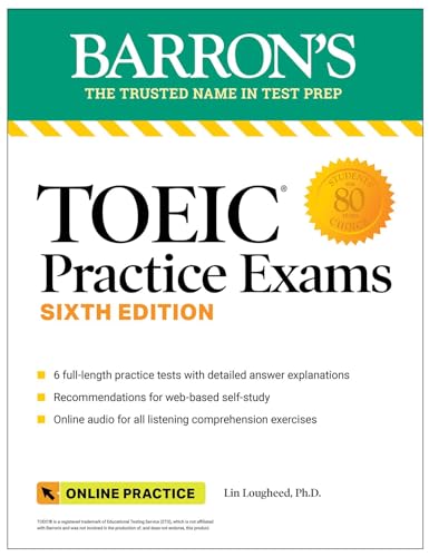 TOEIC practice exam book cover, sixth edition, with gold seal and yellow stripes.