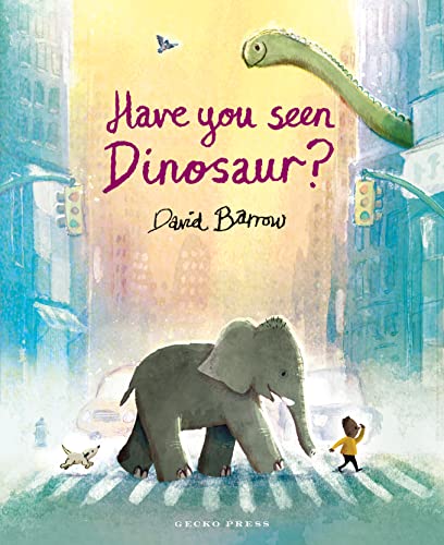 Book cover: elephant, dinosaur neck, and city street illustration.