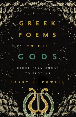 Book cover: "Greek Poems to the Gods" with a lyre illustration.