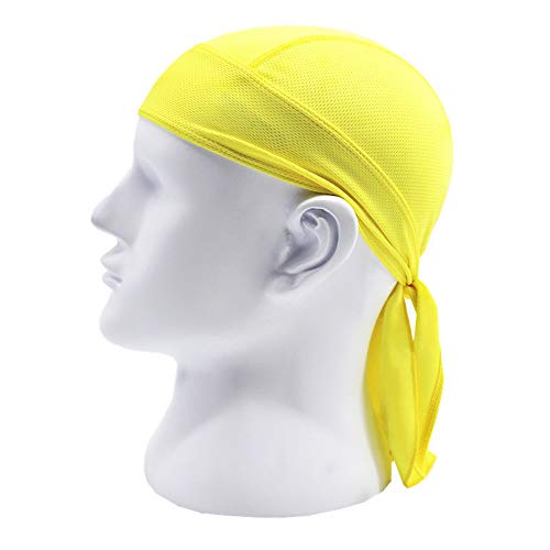 Yellow skullcap or do-rag displayed on a white mannequin head.