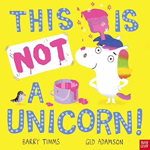 White horse with rainbow mane, pink hat, and spilled paint; book cover.