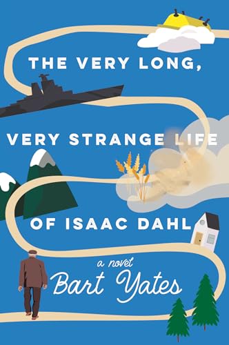 Book cover with winding path, man, ship, mountains, and wheat.