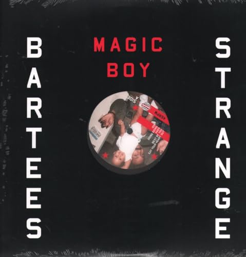 Vinyl record cover with black background, red text, and a central photo of a baby.