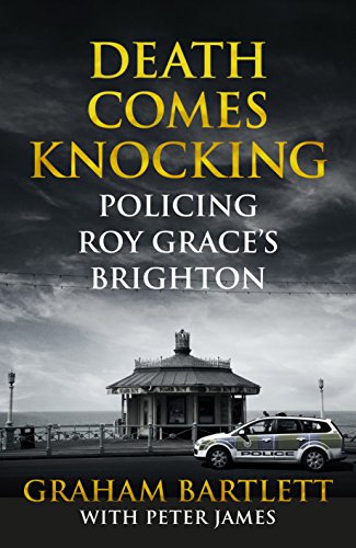 Book cover: dark sky over Brighton pier, police car, title "Death Comes Knocking.