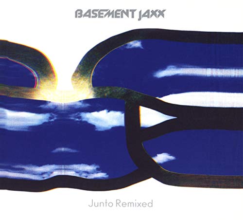 Basement Jaxx album cover, “Junto Remixed,” with abstract blue and gold shapes.