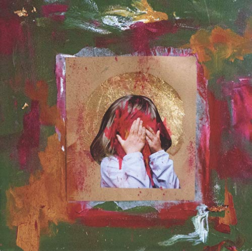 The image depicts a vinyl record cover featuring a girl with her hands over her face, surrounded by abstract artwork.
