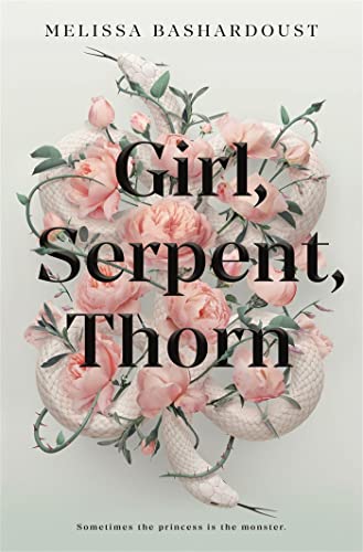 Book cover featuring a white snake coiled among pink roses and thorny vines.