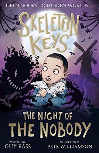 Book cover: boy with a ferret, spooky trees, and a full moon.