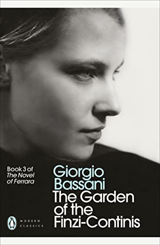 Book cover: black and white portrait of a woman, title “The Garden of the Finzi-Continis.”