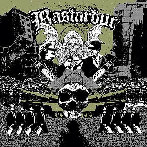 Black and white album cover with skull, figures, and chaotic background.