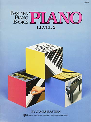 Bastien Piano Basics Level 2 music book cover with colorful cubes featuring piano imagery.