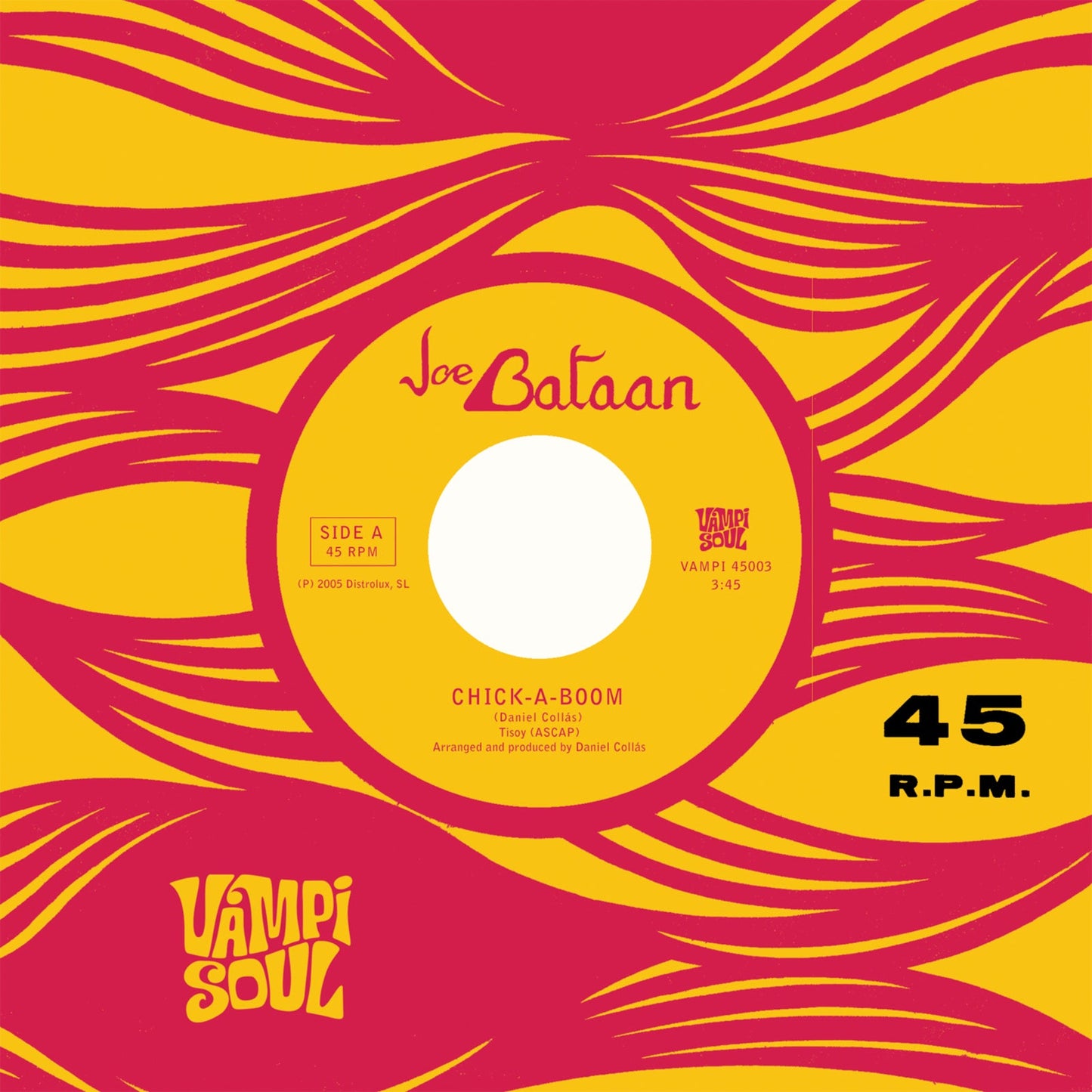 Red and yellow vinyl record label with "Chick-a-boom" text and 45 RPM marking.
