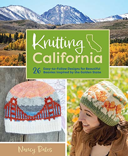 Book cover featuring knitted beanies and a California landscape.