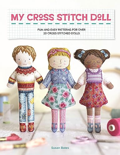 Book cover featuring three handmade cross-stitched dolls standing on a wooden surface.