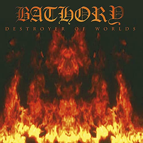 Bathory album cover: fiery landscape with a shadowy, horned figure.