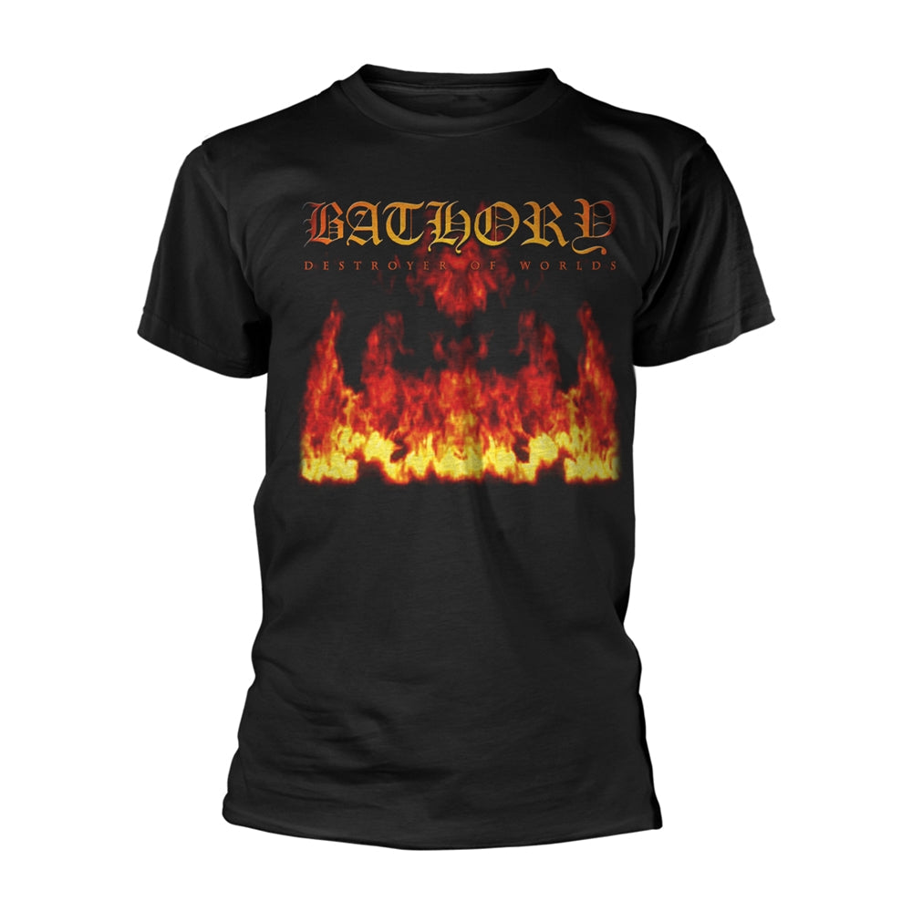 Black t-shirt with "BATHORY" text and fiery landscape graphic.