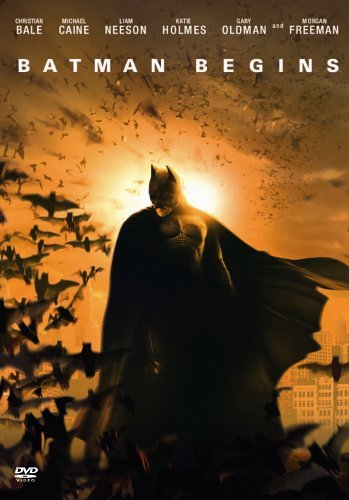 “Batman Begins” DVD cover featuring Batman silhouetted against a fiery sky.