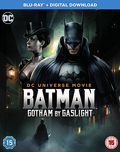 Batman and a woman in Victorian attire on Blu-ray cover.