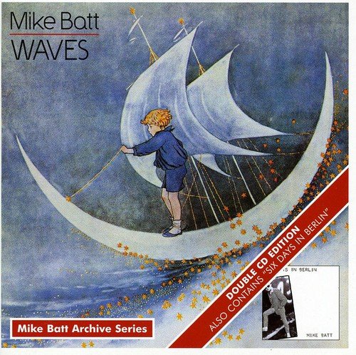 "Album cover art featuring a boy sailing on a crescent moon with red diagonal banner."