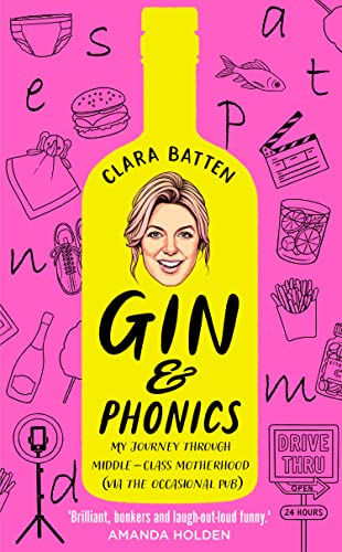 Book cover: woman’s portrait inside a gin bottle, surrounded by playful doodles.
